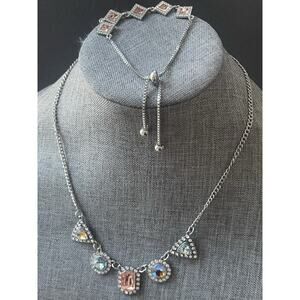 Crystal Silvertone Chain Choker AB Necklace Earring Set Cocktail Wedding Prom